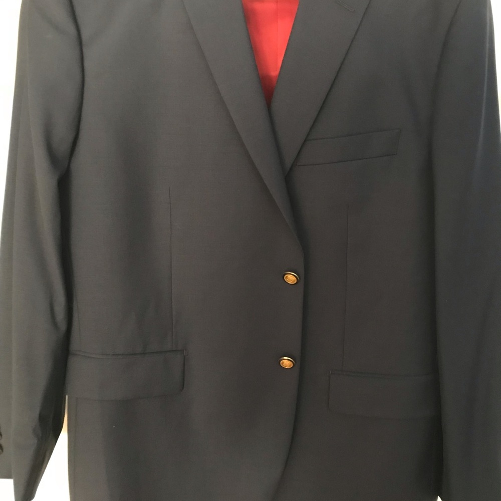 Blue blazer, sport coat & slacks, 2 piece suit.